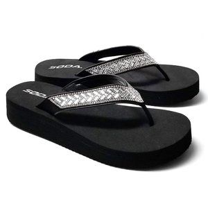 Black Rhinestone Flip Flop Platform Wedge Sandals